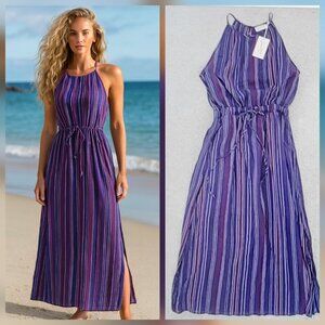Universal Thread Navy Blue White Striped Sleeveless Halter-Neck Maxi Dress L NEW